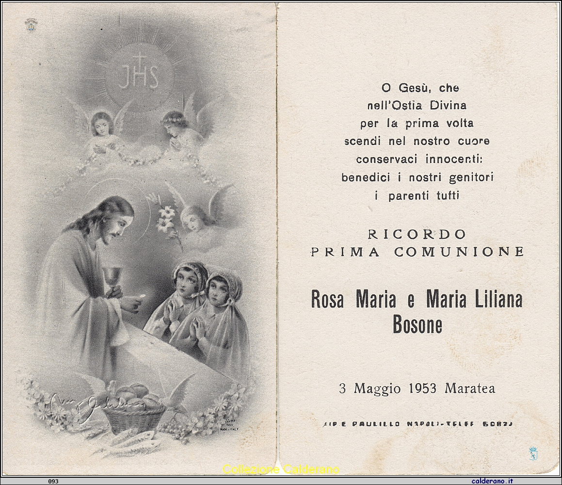 Ricordino Prima Comunione di Rosa Maria e Maria Liliana Bosone 1953.jpg