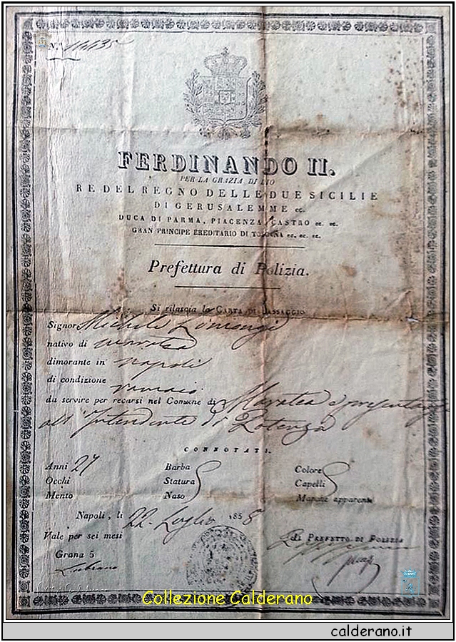 Carta di Passaggio del 1858 di Michele Limongi di anni 27.jpg