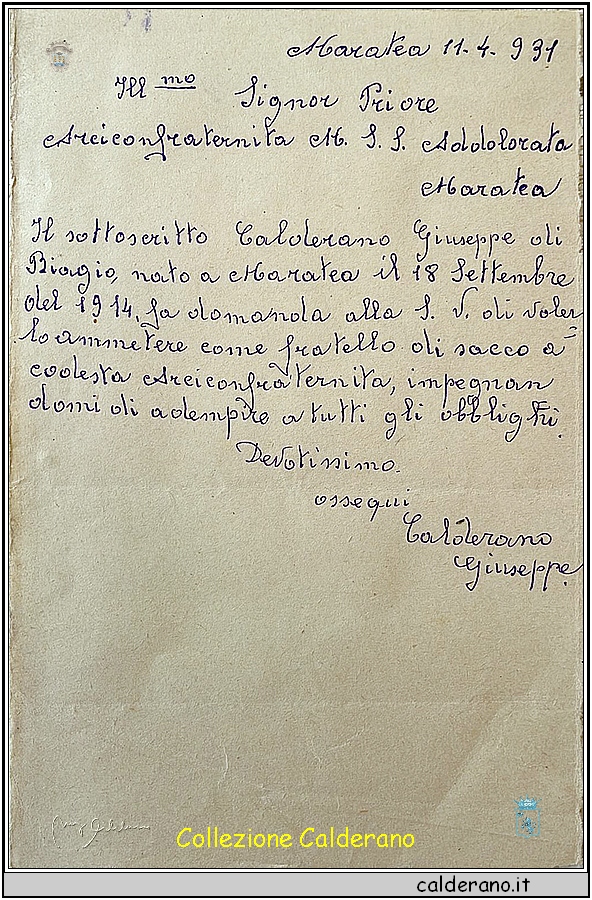 Domanda di ammissione alla Confraternita dell'Addolorata di Giuseppe Calderano 11-04-1931.jpg